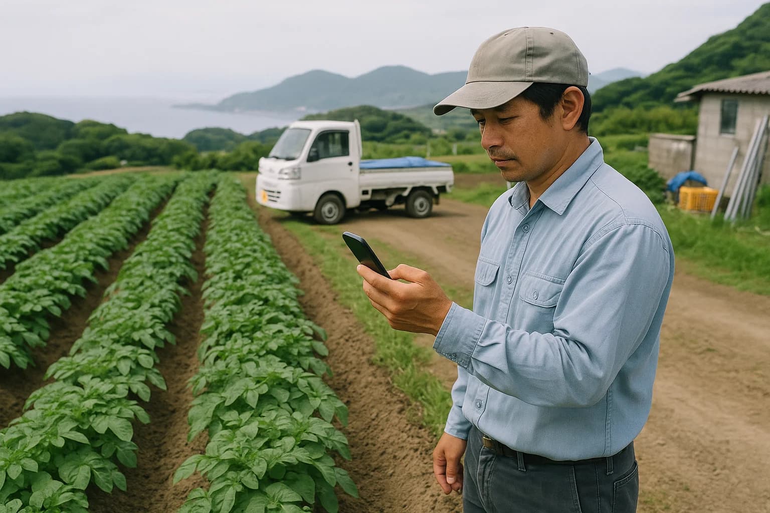 畑でスマホを使う農家